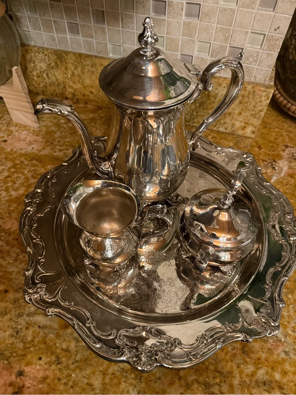 Vintage Gorham EP Brass Silverplate Tea Coffee Service Set + Unbranded Tray